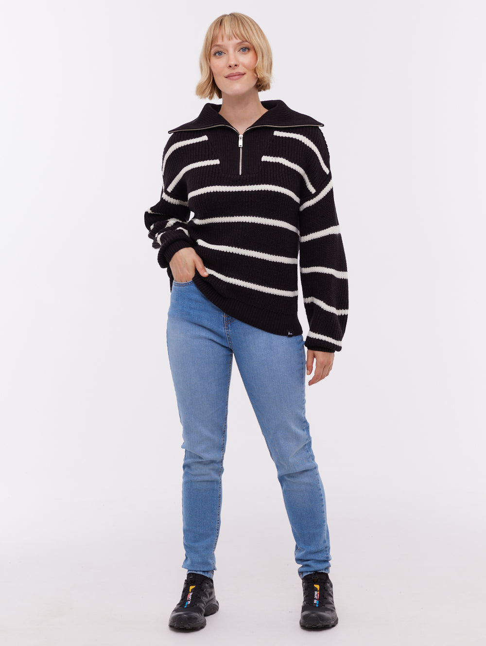 Margita Striped Zippered Funnel Sweater - Black